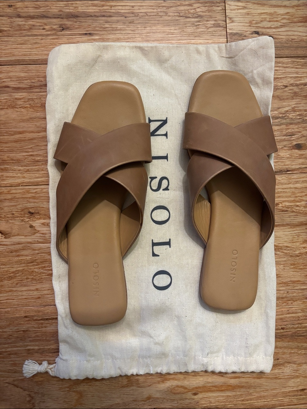 Nisolo Tan Leather Crisscross Slide Sandals